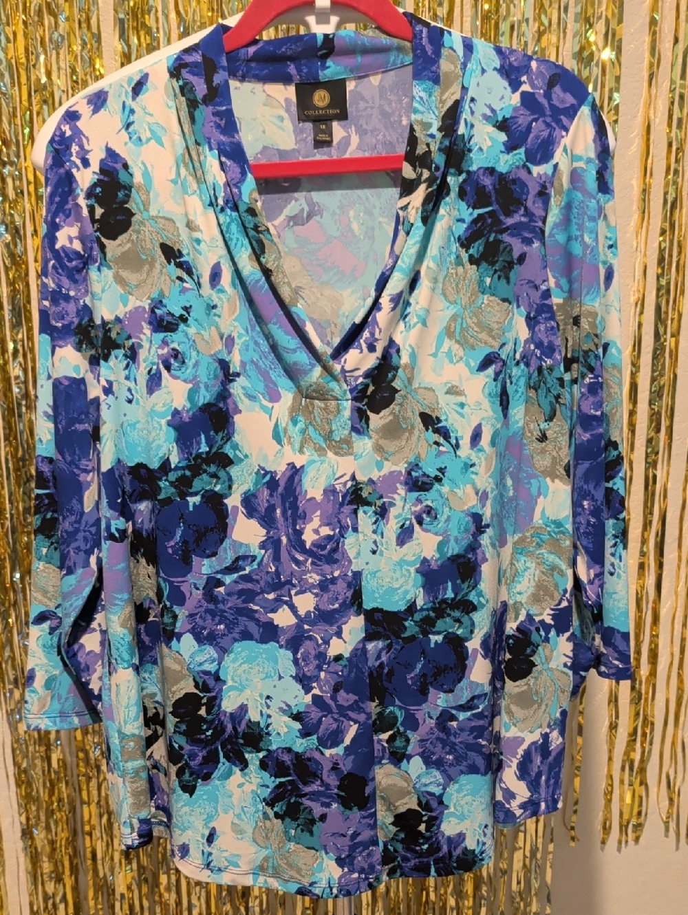 Blue Floral V-Neck Blouse By JM Collection, Size 1X
